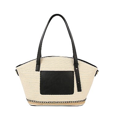 Straw Frong Pocket Satchel Tote Bag