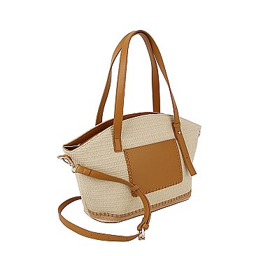 Straw Frong Pocket Satchel Tote Bag