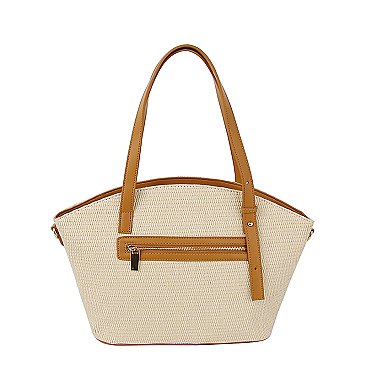 Straw Frong Pocket Satchel Tote Bag