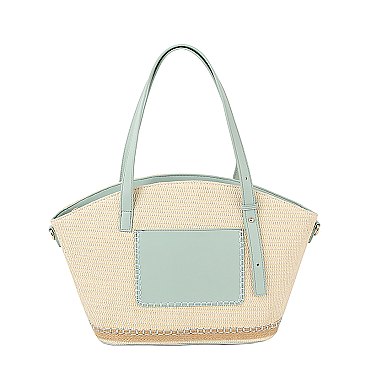 Straw Frong Pocket Satchel Tote Bag