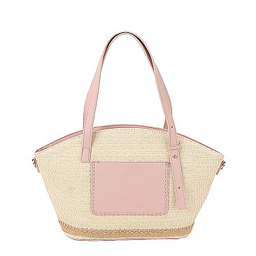 Straw Frong Pocket Satchel Tote Bag