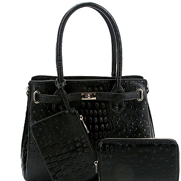 3 IN 1 OSTRICH PRINT SATCHEL WALLET SET