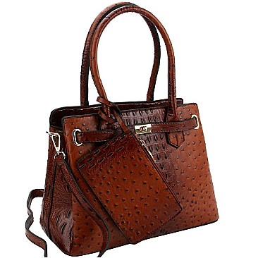 3 IN 1 OSTRICH PRINT SATCHEL WALLET SET