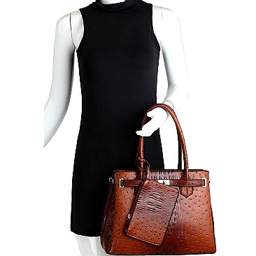 3 IN 1 OSTRICH PRINT SATCHEL WALLET SET
