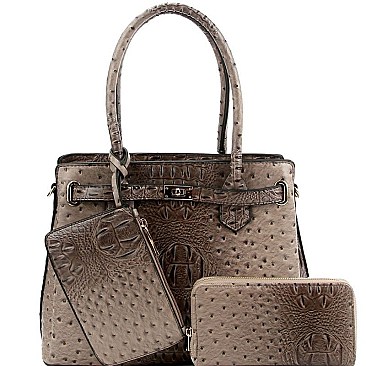 3 IN 1 OSTRICH PRINT SATCHEL WALLET SET