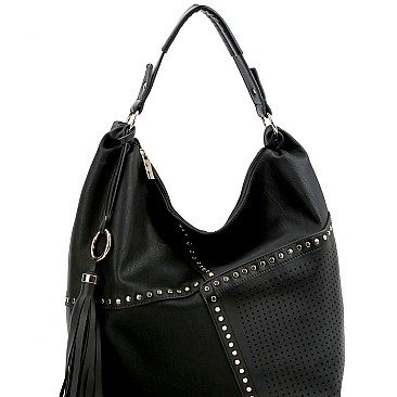 Fashionable Tassel Accent Studded Laser-Cut Detail Hobo MH-LQF009
