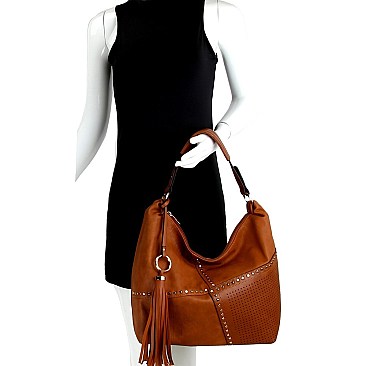 Fashionable Tassel Accent Studded Laser-Cut Detail Hobo MH-LQF009