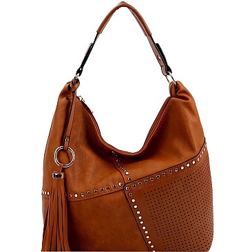 Fashionable Tassel Accent Studded Laser-Cut Detail Hobo MH-LQF009