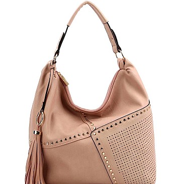 Fashionable Tassel Accent Studded Laser-Cut Detail Hobo MH-LQF009