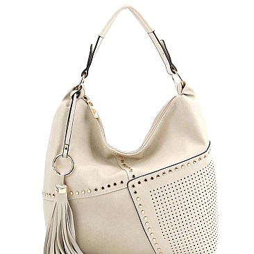 Fashionable Tassel Accent Studded Laser-Cut Detail Hobo MH-LQF009