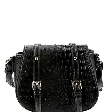 Ostrich Embossed Buckled Shoulder Bag