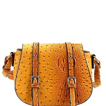 Ostrich Embossed Buckled Shoulder Bag