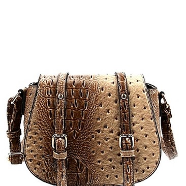 Ostrich Embossed Buckled Shoulder Bag