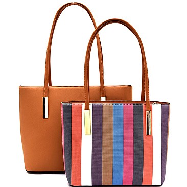 [S]LS1241-LP Multi-colored Stripe Inner Bag 2 in 1 Tote SET