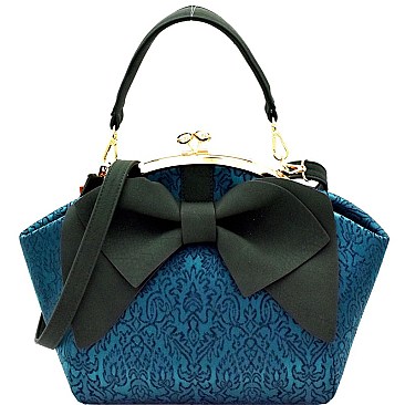 Bow Accent Mixed-Material Kiss-Lock Satchel