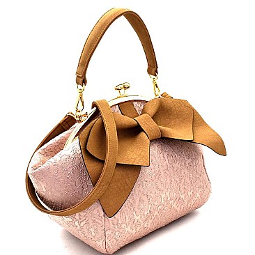 Bow Accent Mixed-Material Kiss-Lock Satchel