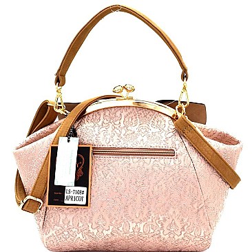 Bow Accent Mixed-Material Kiss-Lock Satchel