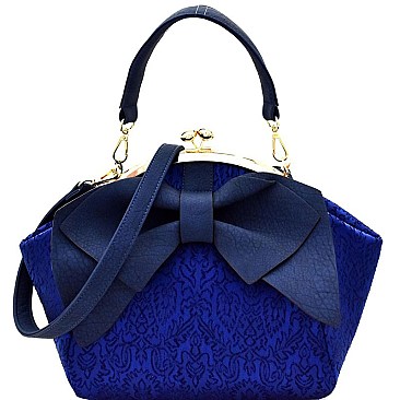 Bow Accent Mixed-Material Kiss-Lock Satchel