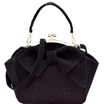 Bow Accent Mixed-Material Kiss-Lock Satchel