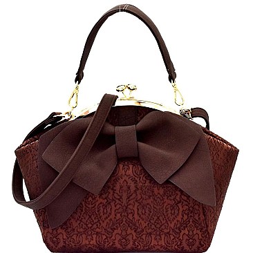 Bow Accent Mixed-Material Kiss-Lock Satchel