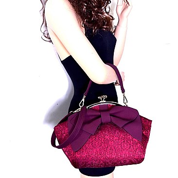 Bow Accent Mixed-Material Kiss-Lock Satchel