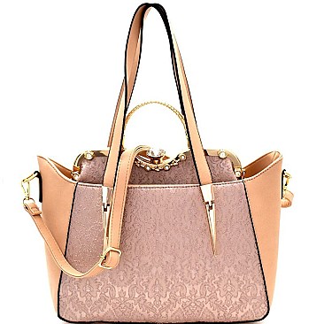 Jewel-Top Satchel Mixed-Material 2 in 1 Tote MH-LS7092