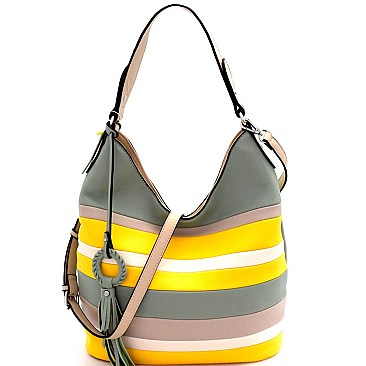 LSD006-LP Tassel Accent Color Block Stripe Embossed Hobo