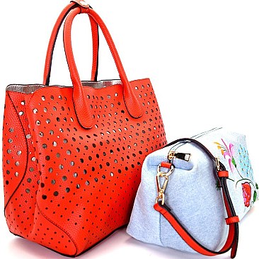 LY079-LP Embroidery Denim Inner Bag 2 in 1 Laser-Cut Satchel