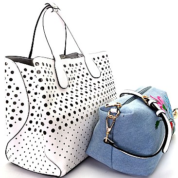 LY079-LP Embroidery Denim Inner Bag 2 in 1 Laser-Cut Satchel