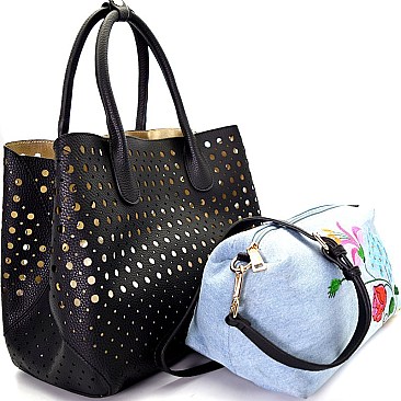 LY079-LP Embroidery Denim Inner Bag 2 in 1 Laser-Cut Satchel