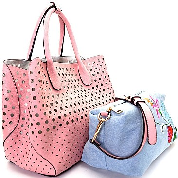 LY079-LP Embroidery Denim Inner Bag 2 in 1 Laser-Cut Satchel