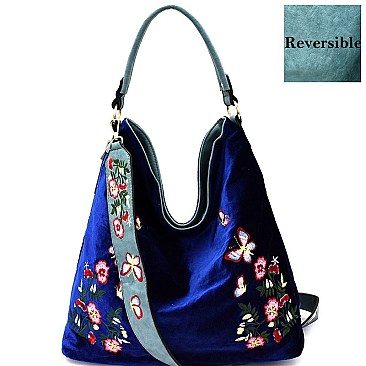 LY090-LP Flower Embroidered Velvet Reversible 2-Way Hobo