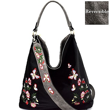 LY090-LP Flower Embroidered Velvet Reversible 2-Way Hobo