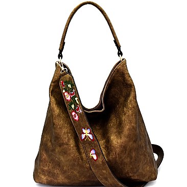 LY090-LP Flower Embroidered Velvet Reversible 2-Way Hobo