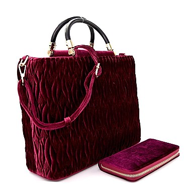 [S]LY0911W-LP Handle Accent Quilted Velvet Satchel Wallet SET