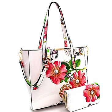 Flower Butterfly Print Patent 2-Way Tote Wallet SET MH-LY0952W