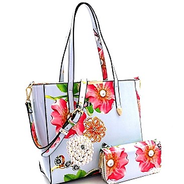 Flower Butterfly Print Patent 2-Way Tote Wallet SET MH-LY0952W
