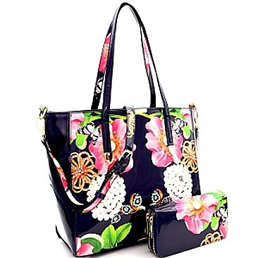 Flower Butterfly Print Patent 2-Way Tote Wallet SET MH-LY0952W