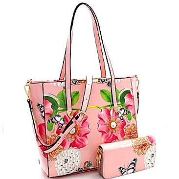 Flower Butterfly Print Patent 2-Way Tote Wallet SET MH-LY0952W