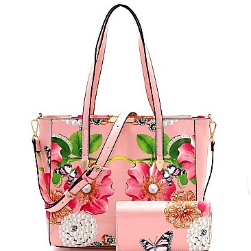 Flower Butterfly Print Patent 2-Way Tote Wallet SET MH-LY0952W