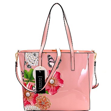 Flower Butterfly Print Patent 2-Way Tote Wallet SET MH-LY0952W