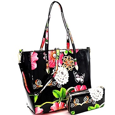 Flower Butterfly Print Patent 2-Way Tote Wallet SET MH-LY0952W