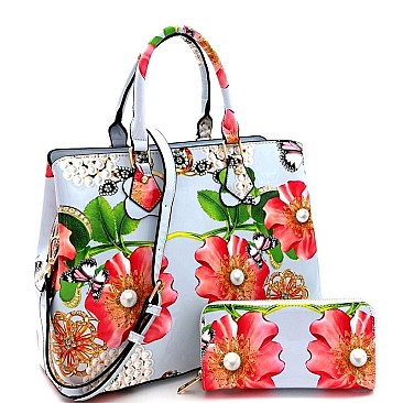 2 IN 1 FLOWER BUTTERFLY PRINT SATCHEL WALLET SET
