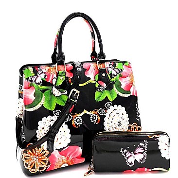 2 IN 1 FLOWER BUTTERFLY PRINT SATCHEL WALLET SET