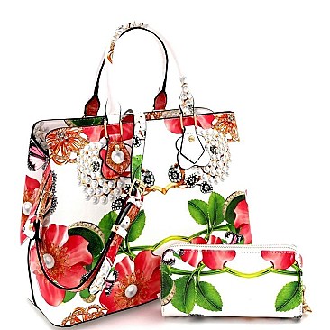 2 IN 1 FLOWER BUTTERFLY PRINT SATCHEL WALLET SET