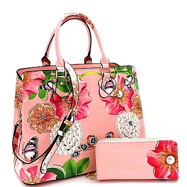 2 IN 1 FLOWER BUTTERFLY PRINT SATCHEL WALLET SET
