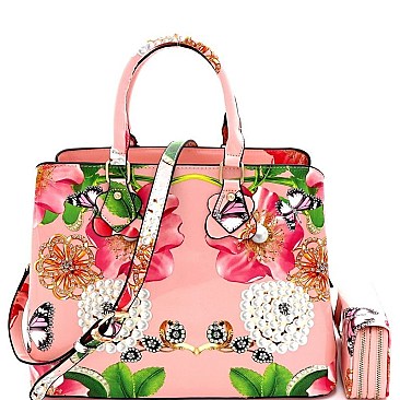 2 IN 1 FLOWER BUTTERFLY PRINT SATCHEL WALLET SET