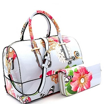 Stylish Floral Print Patent 2-Way Boston Satchel Wallet Set MH-LY0972W