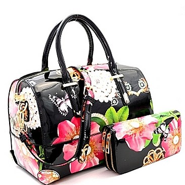 Stylish Floral Print Patent 2-Way Boston Satchel Wallet Set MH-LY0972W