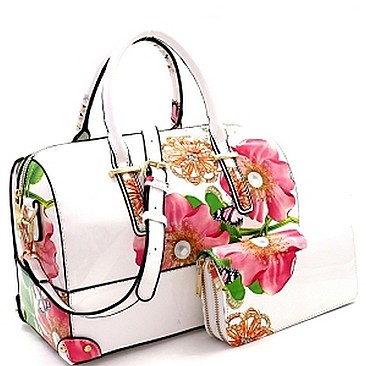 Stylish Floral Print Patent 2-Way Boston Satchel Wallet Set MH-LY0972W